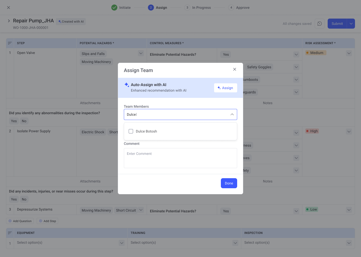 Job Hazard Analysis with an Assign Team dialog