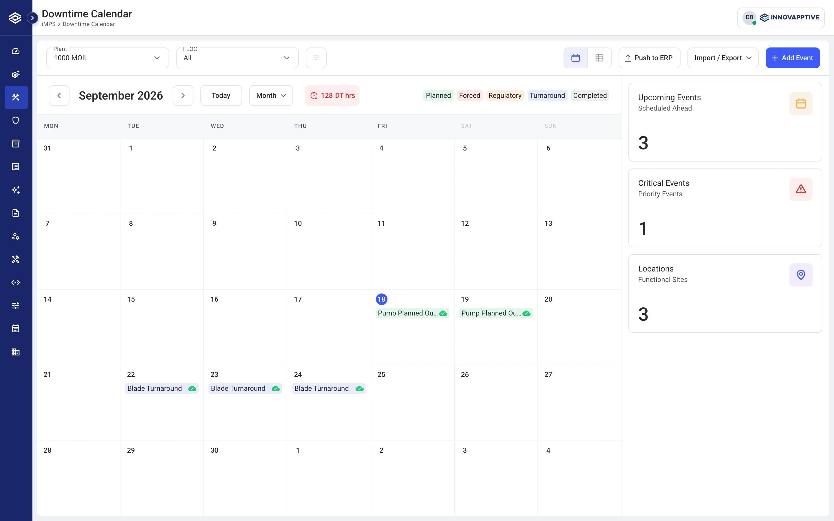 Downtime calendar with equipment availability events